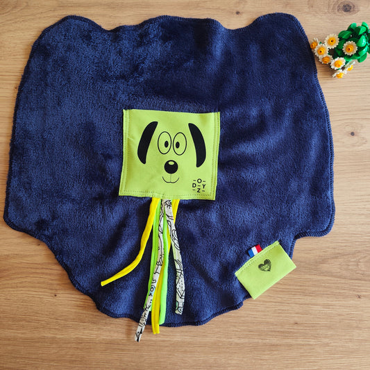 Doudou Dodyz bleu marine chien vert pomme